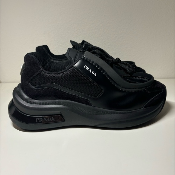 NEW PRADA Brushed Leather Sneaker Black Mens Size 8 - Picture 2 of 10